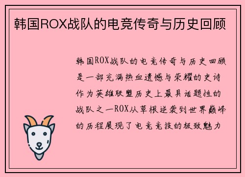 韩国ROX战队的电竞传奇与历史回顾