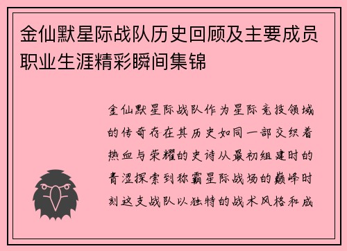 金仙默星际战队历史回顾及主要成员职业生涯精彩瞬间集锦